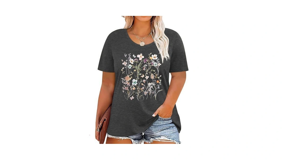 Womens Summer Tops Plus Size Graphic Tees Vintage Flower Casual