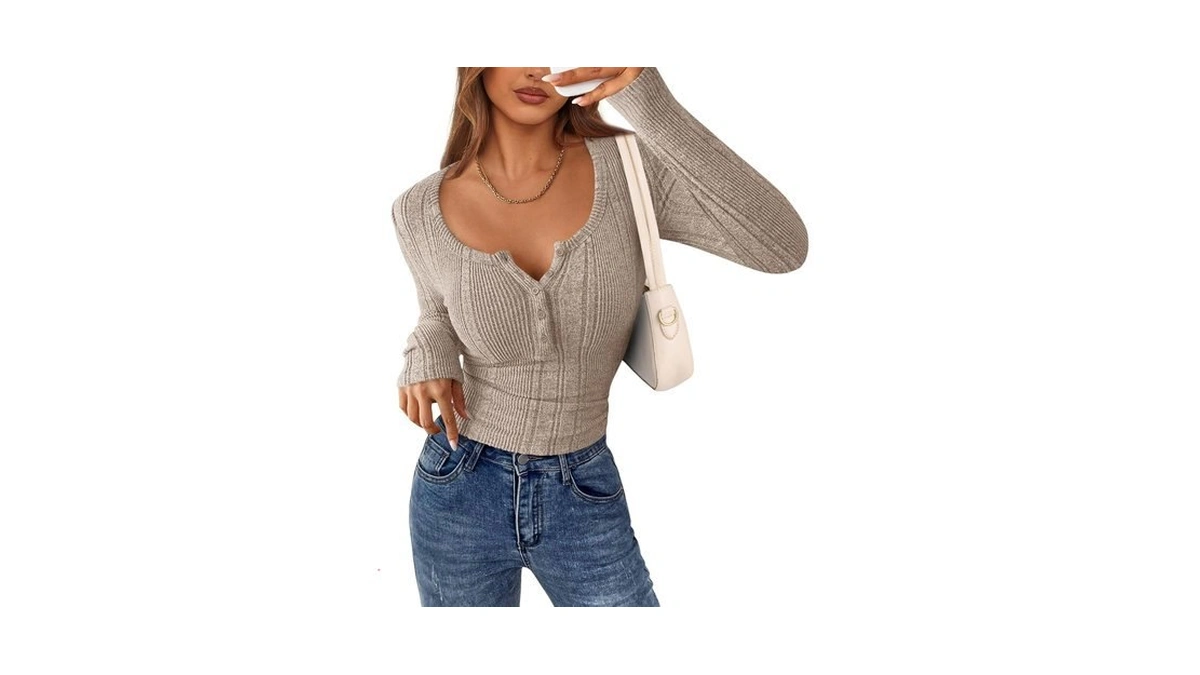 Prettygarden Women's Long Sleeve Tops Ribbed Henley Shirts,light Khaki,xs