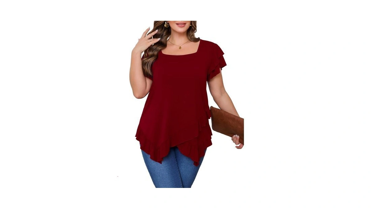 Beauhuty Womens Plus Size Shirts Square Neck Tops Ruffled Hem