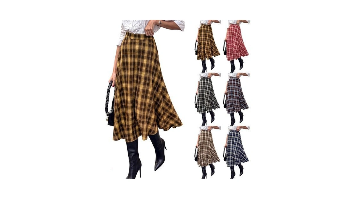 Womens Maxi Skirt Fall High Waisted Flowy Pleated Plaid Skirts