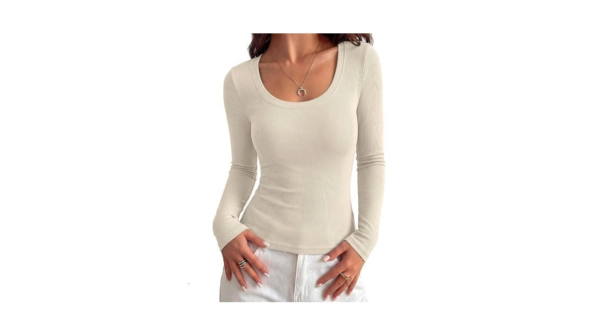 Kirundo Ribbed Long Sleeve Tops For Women Scoop Neck Shirts,beige,l