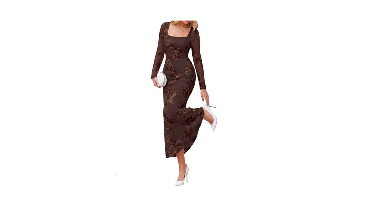 Btfbm Womens Long Sleeve Bodycon Floral Mesh Maxi Fall Wedding