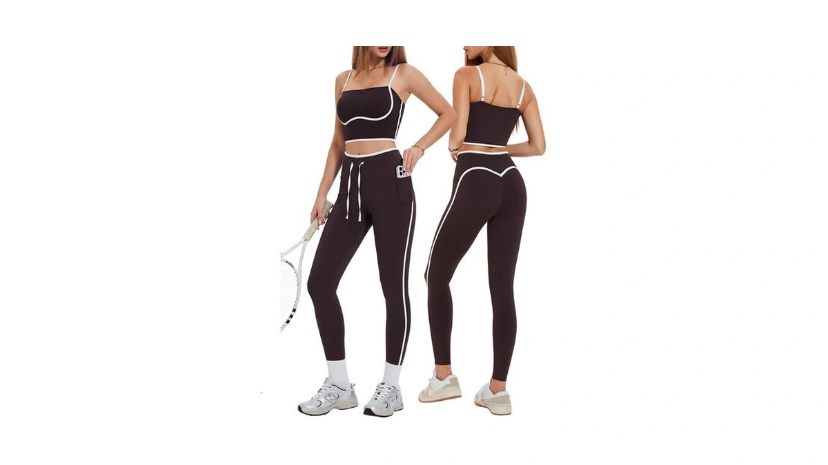 Women's 2 Piece Workout Set With Pockets Square Neck High