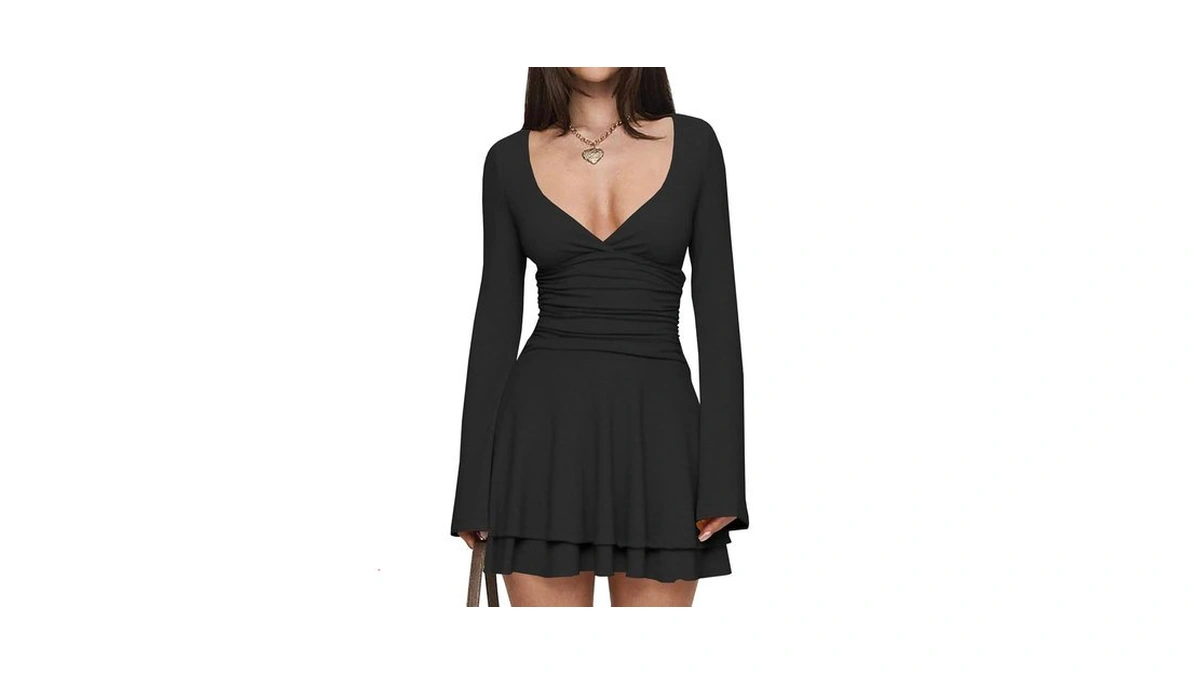 Misng Women's Sexy V Neck Ruffle Hem Mini Dress Long