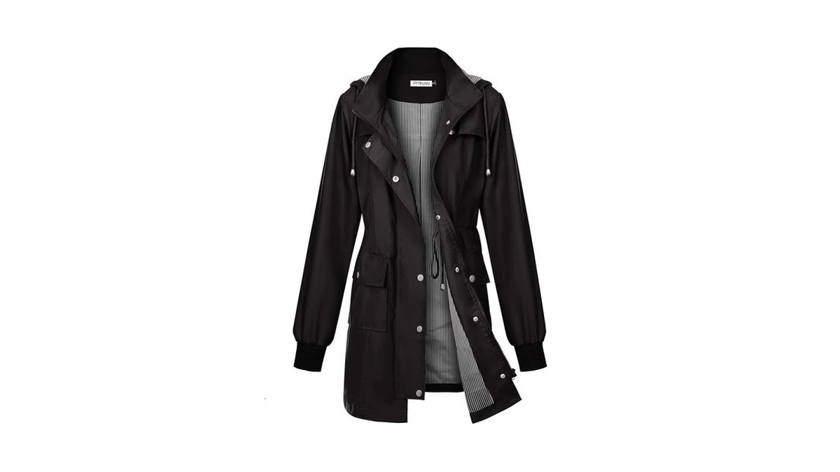 Pitinan Womens Rain Jacket Hooded Waterproof Long Lined Raincoat Black
