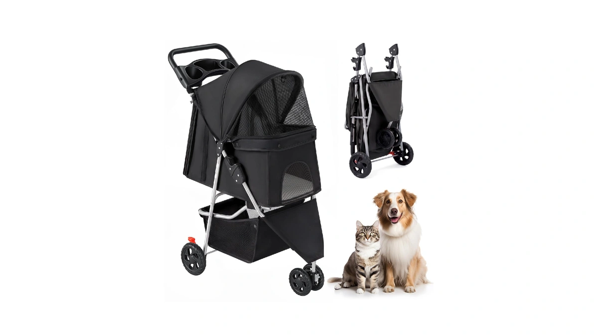 Kmfurnila 3 Wheel Pet Stroller For Dogs And Cats, Foldable