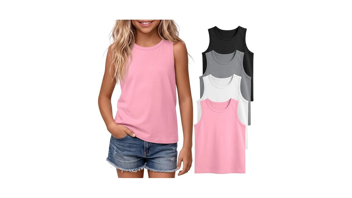 Vinsatin 4 Pack Girls Athletic Loose Tank Tops 5-14y, 13-14