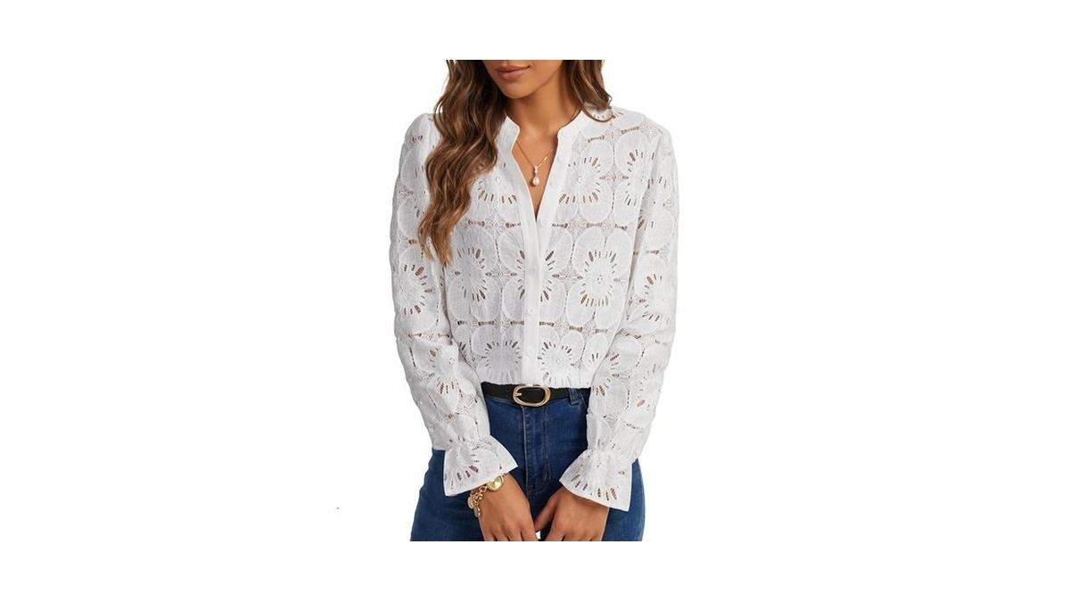 Vrtige Women's Lace Eyelet Sheer Puff Sleeve Blouse White X-large