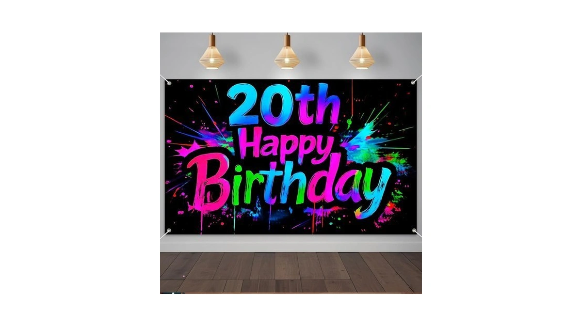 Ivn 20th Birthday Backdrop Banner 71x43 Inch Neon Party Decorations