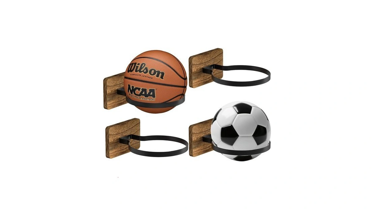 Daoun Basketball Holder Wall Mount With Wooden Base, 4 Pcs