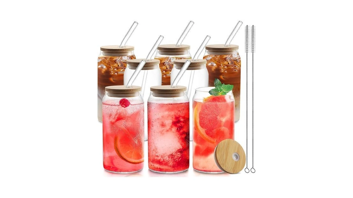 8pcs 20oz Glass Cups With Bamboo Lids And Straws，iced Coffee