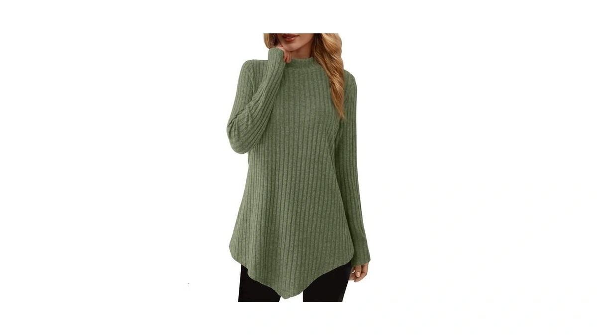 Women Ribbed Long Sleeve Turtleneck Asymmetrical Tunic Tops,army Green,s