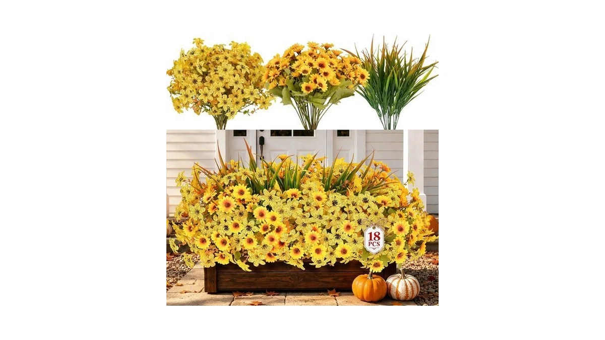 18 Pcs Artificial Fall Flowers For Outdoors, Faux Mums Daisy