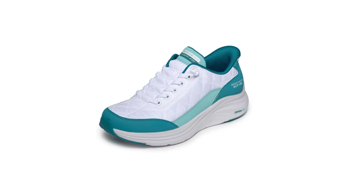 Skechers Women's Contour Foam Hands Free Slip-ins, White/turquiose, 9.5
