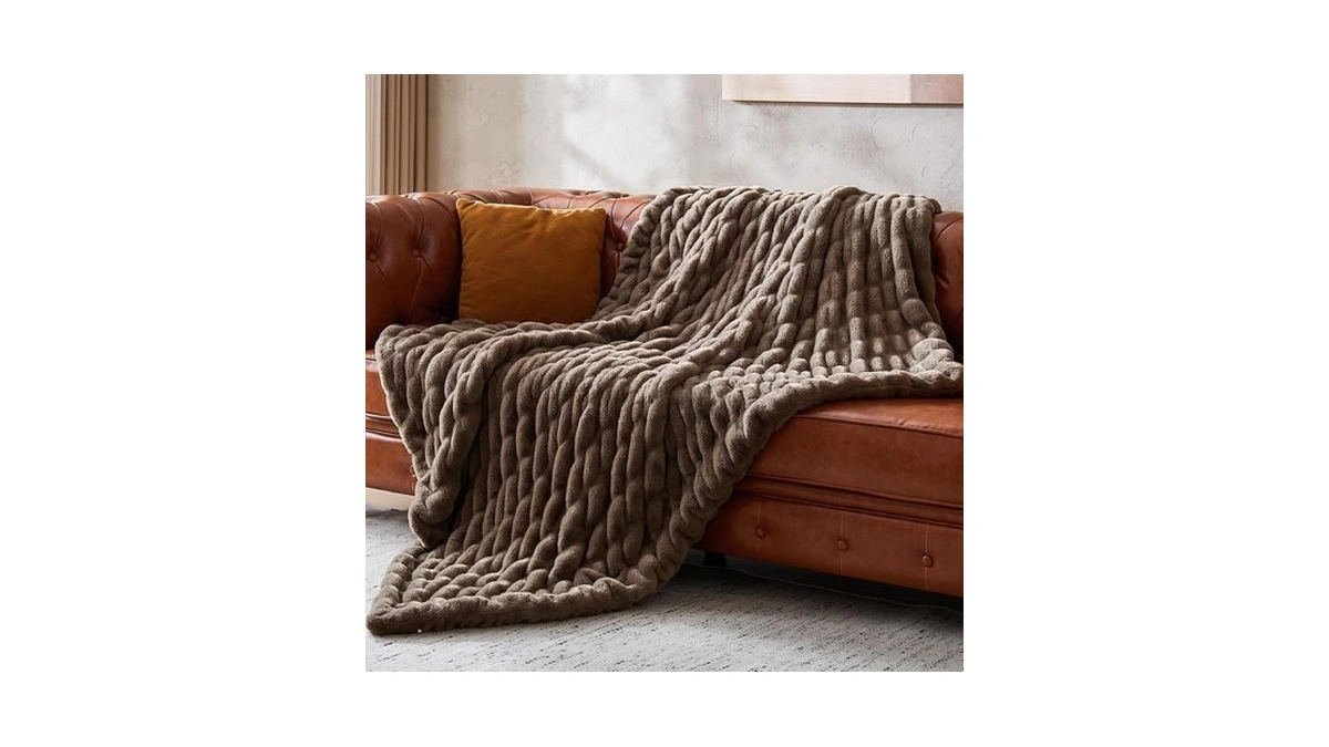 Smriss Double Sided Ruched Faux Rabbit Fur Throw Blanket,50x60,driftwood