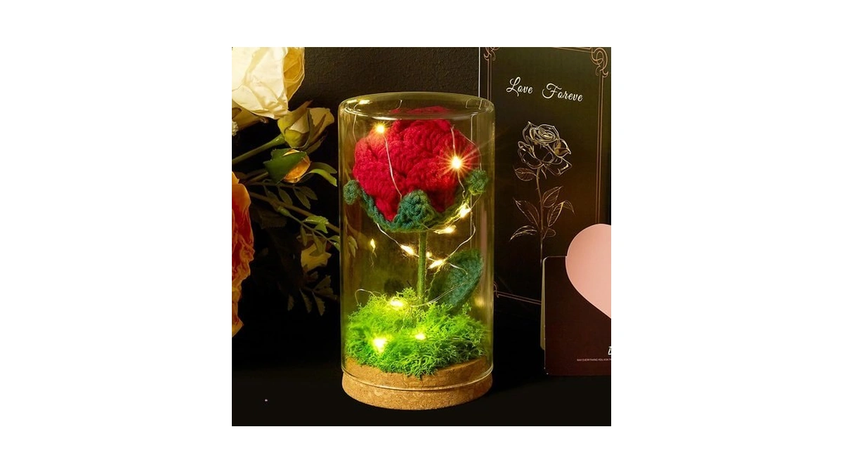Awardsen Red Crochet Preserved Rose In Glass Dome With Led