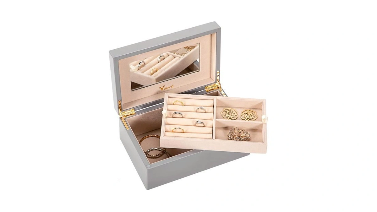 Voova 2-layer Wooden Jewelry Box With Mirror, Grey