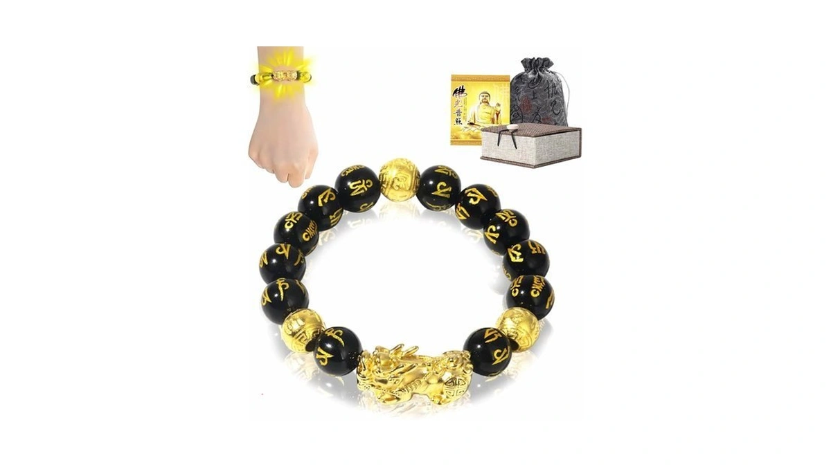 Biuufish Feng Shui Black Obsidian Bracelet For Men Women, 24k