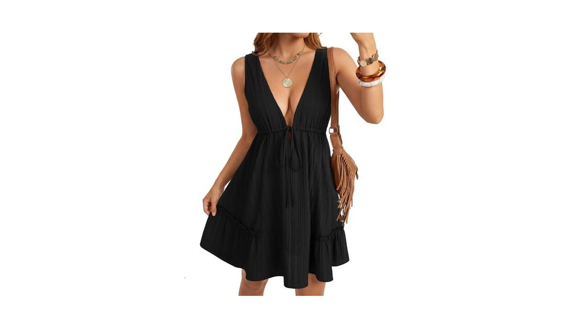 Opoipin Women's Deep V Neck Sexy Mini Dress Black Medium