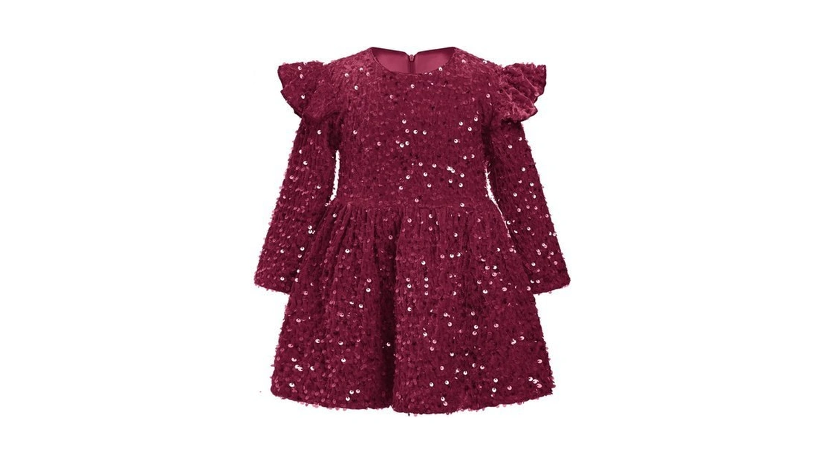 Toddler Girls Sequins Dress Long Sleeve Ruffle Velvet Christmas Dresses