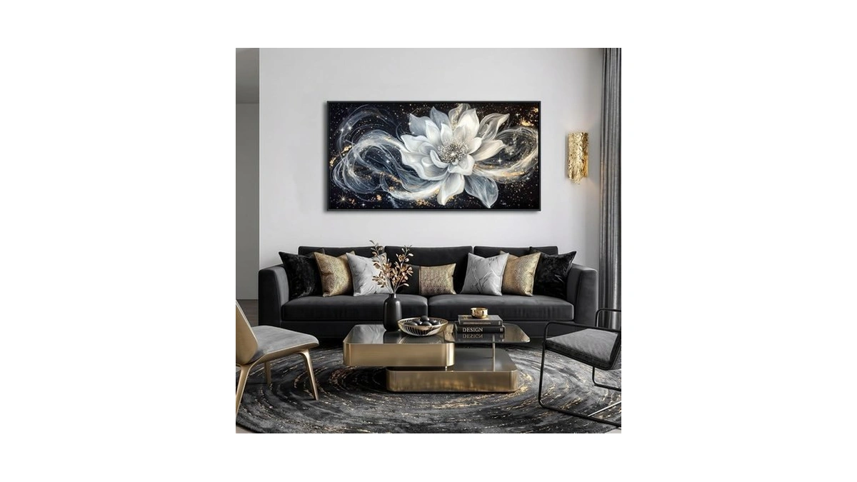 Abstract Flower Wall Art, Black And White Gold Simplicity Framed