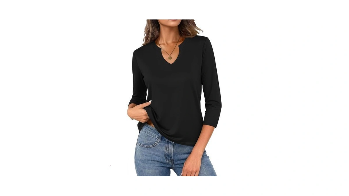 Justfashionnow Women's 3/4 Sleeve Cotton V Neck T-shirt Tops, Black,