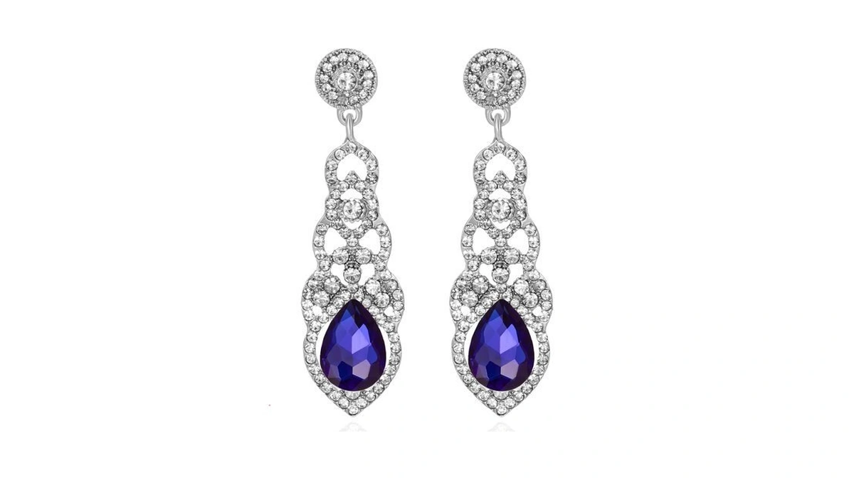 Trwwell Vintage Royal Blue Rhinestone Wedding Bridal Teardrop Dangle Earrings