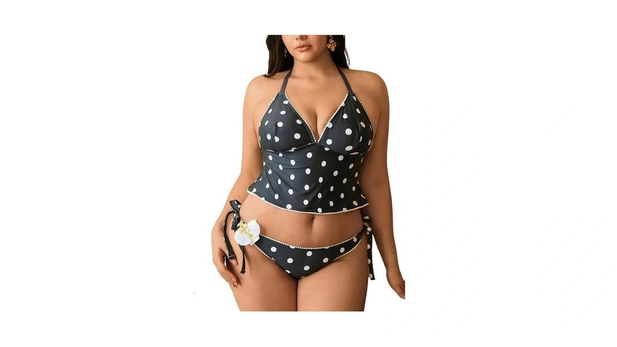 Verdusa Women's Plus Size 2 Piece Polka Dots Halter Tankini