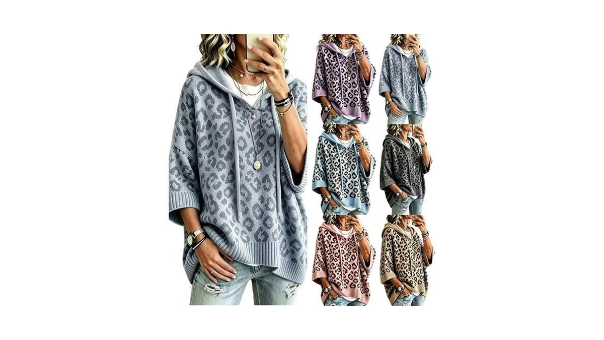 Women Leopard Print Hooded Knit Pullover Sweater 3/4 Short Sleeve