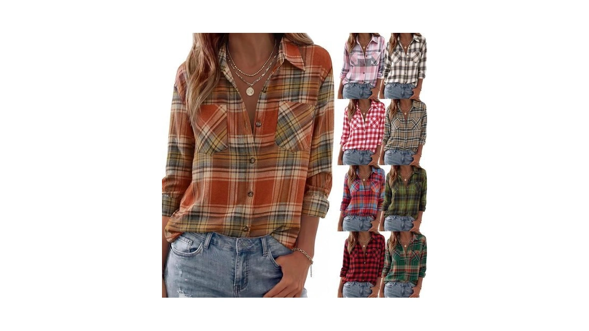 Womens Plaid Flannel Shirt Long Sleeve Fall Tops Button Down