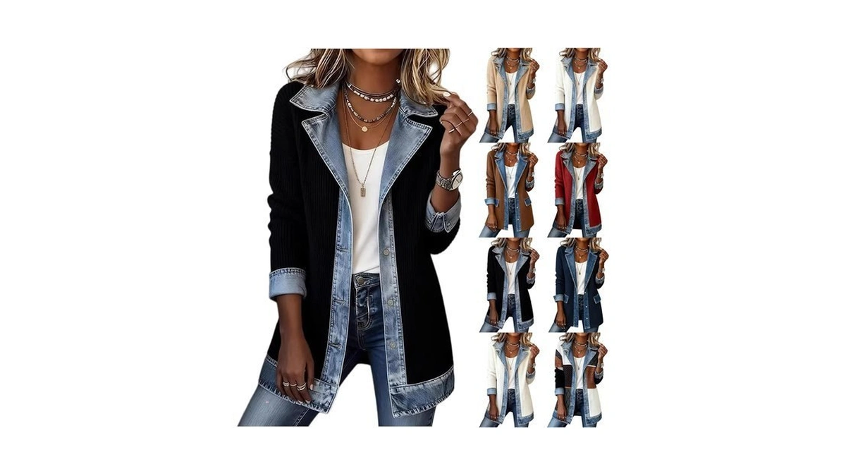 Denim Jacket For Women Knit Patchwork Jean Jackets Button Long