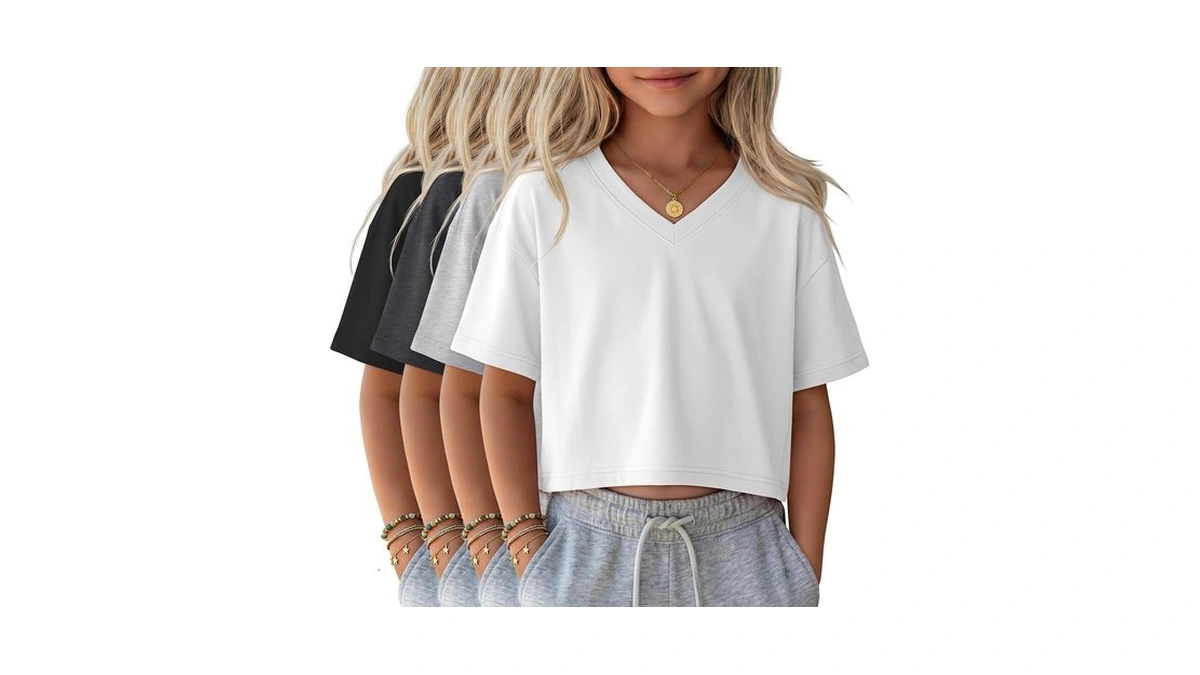 Yooaurvox 4 Pack Girls V Neck Crop Tops, 4-color, 11-12