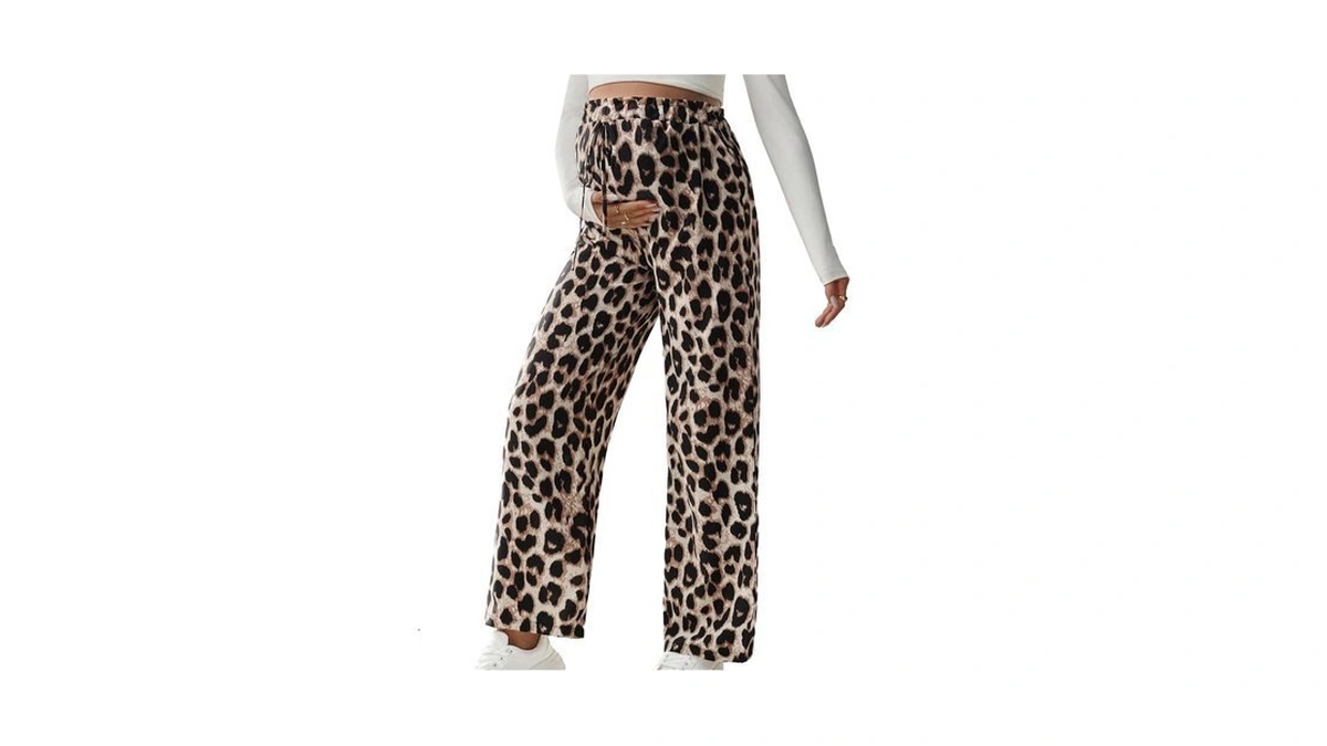 Makemechic Women's Maternity Cheetah Pants Pregnancy High Waisted Trousers