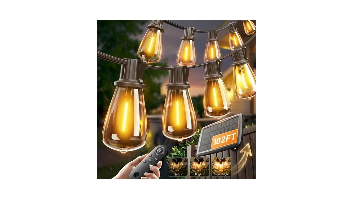 Addlon 102ft(96+6) Solar String Lights Outdoor With Remote, Last 30+