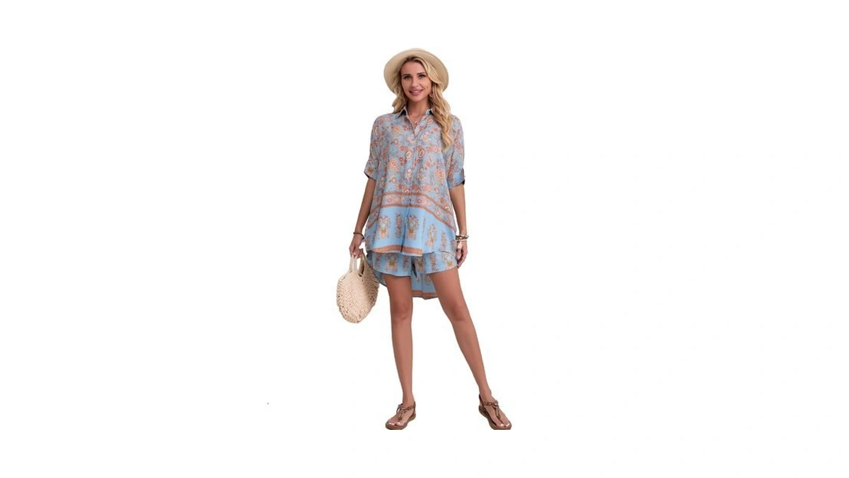 Heccpli Women Boho Floral 2 Piece High Waist Shorts Open