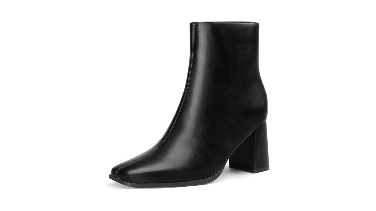 Athlefit Women's Square Toe High Chunky Heeled Ankle Boots Black