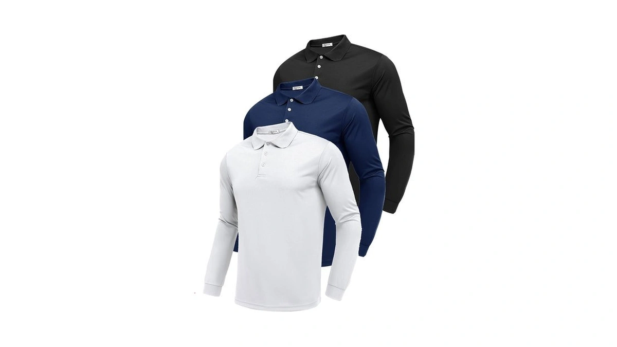 Pinspark 3 Pack Mens Long Sleeve Golf Polo Shirt Moisture