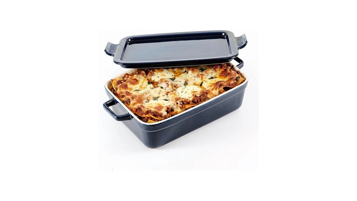 Ovente 3 Qt Rectangular Ceramic Baking Dish With Lid, Blue
