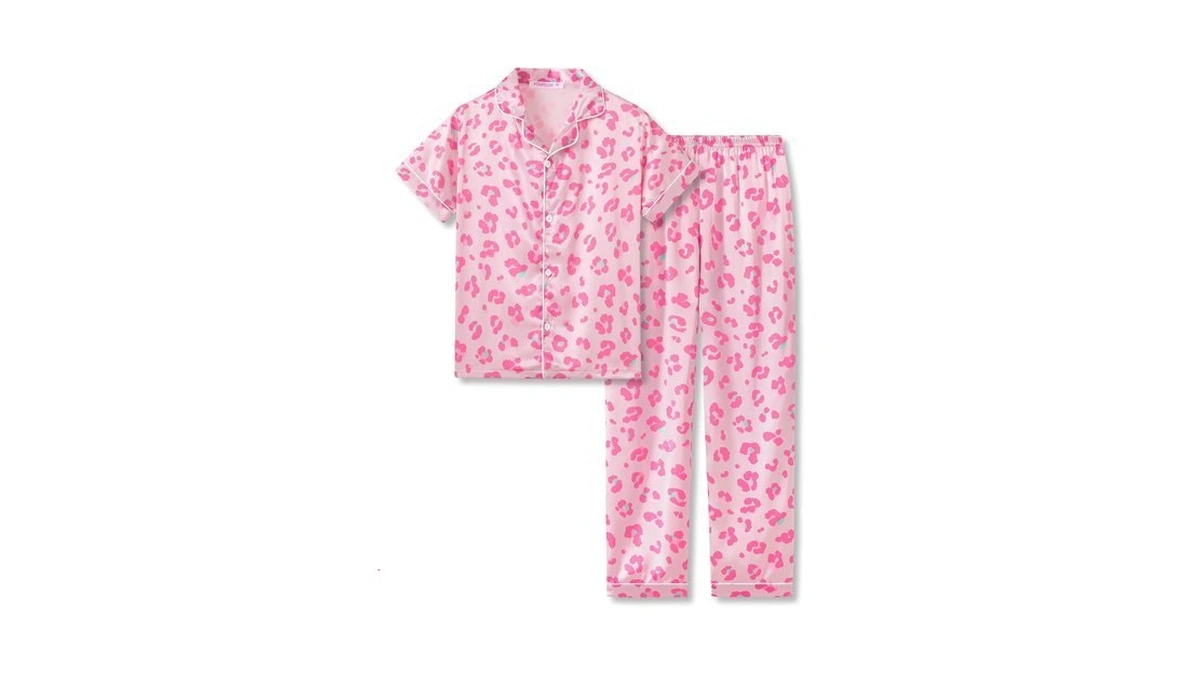 Topgal Girls Beige Pink Leopard Satin Set, Short Sleeve &