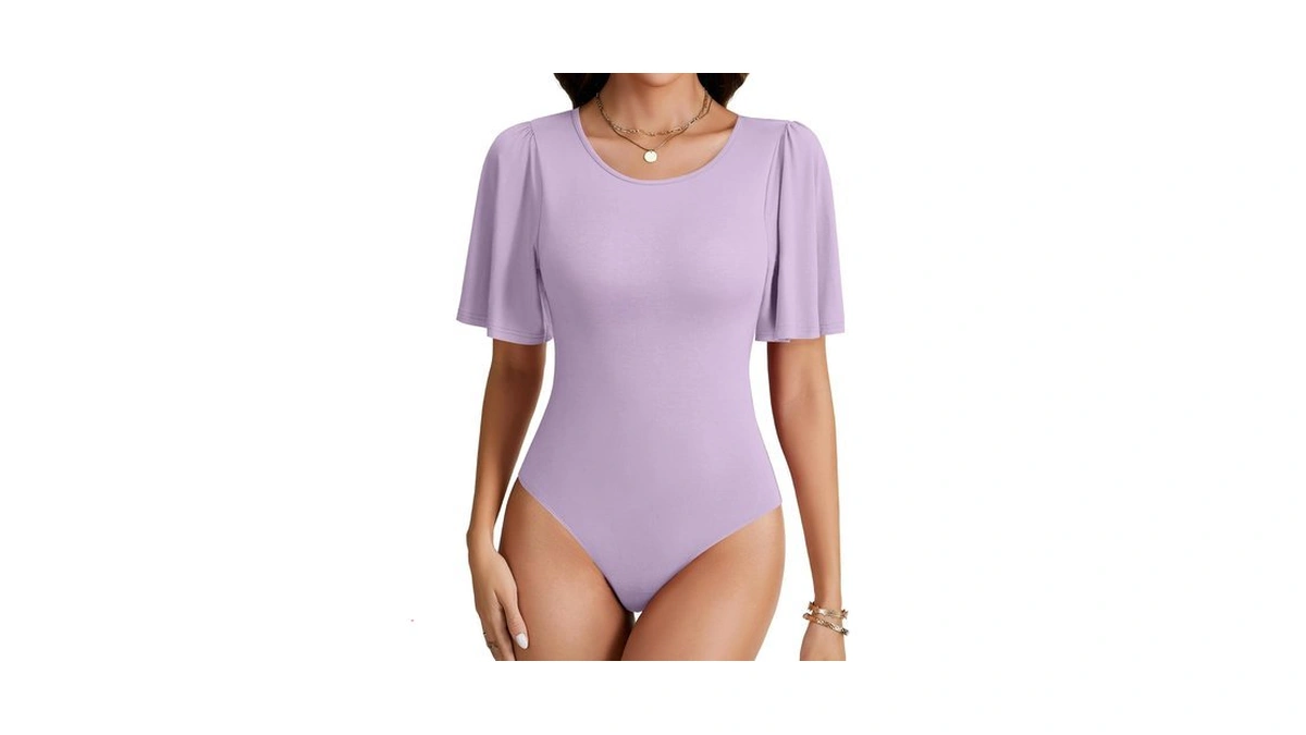 Umenlele Women's Ruffle Short Sleeve Sexy Bodysuits Light Purple Small