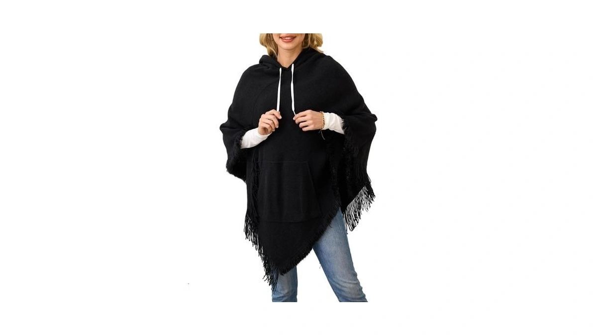 Ferand Women's Witchy Hooded Poncho With Drawstring, Knit Fringe Wrap,