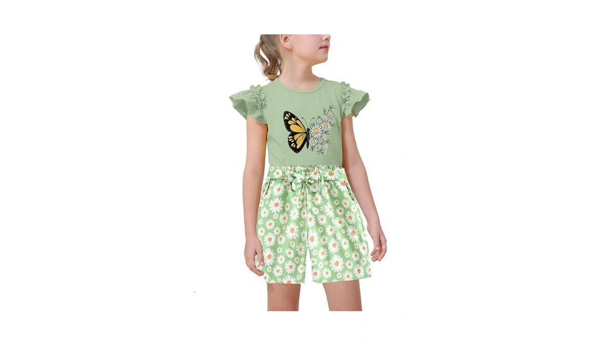 Mksodop Girls Outfits 2-piece Ruffled Short Sleeve Butterfly Floral Print