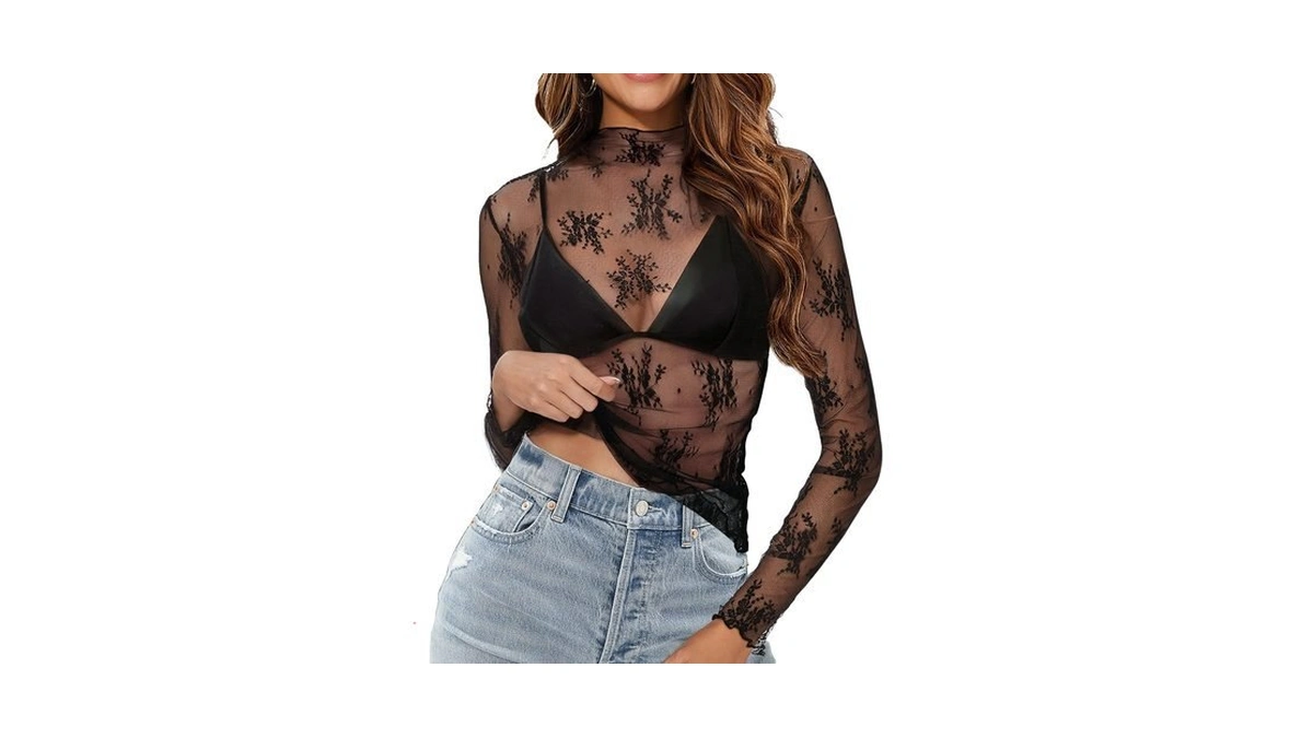 Buauty Mesh Long Sleeve Top For Women, Lace Sheer Tops