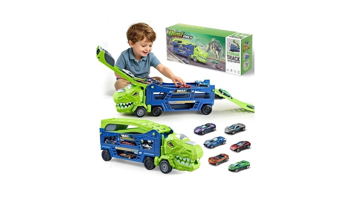 Dinosaur Transport Truck Toy With Foldable Race Track For Toddler