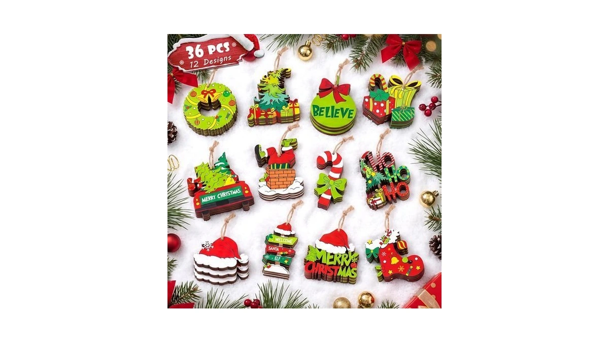 36 Pcs Christmas Ornaments For Tree, Hanging Wooden Christmas Decorations