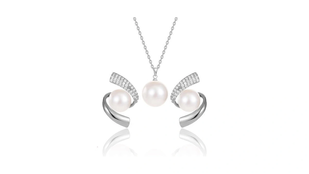 Pearl Necklace, Women's Zircon Earrings Set, 14k Real Gold Plated