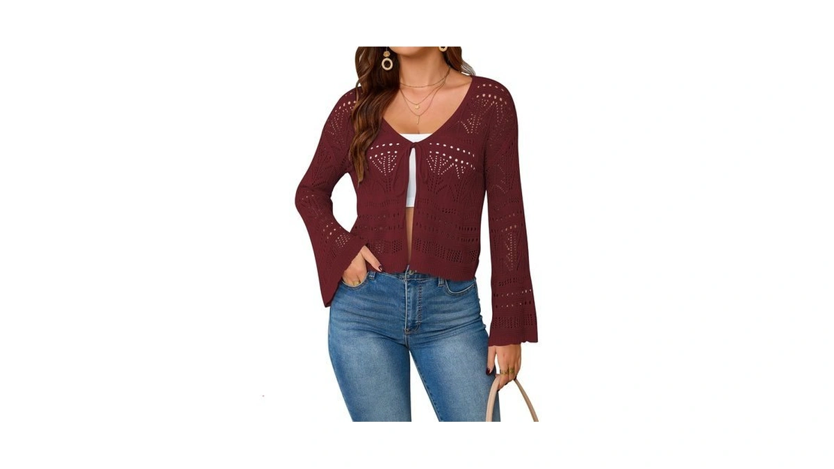 Cakulo Womens Crochet Cropped Cardigan Tie Front Shrug Sweater Red