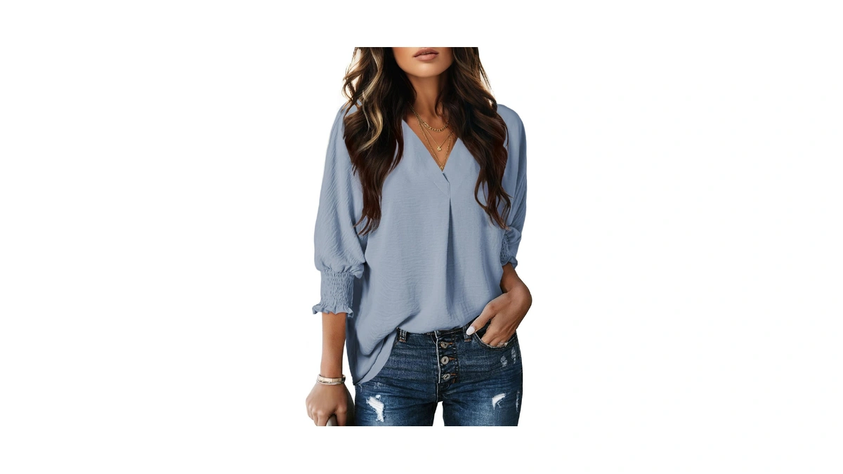 Dokotoo 3/4 Length Sleeve Womens Tops Dressy Collared Shirt Light