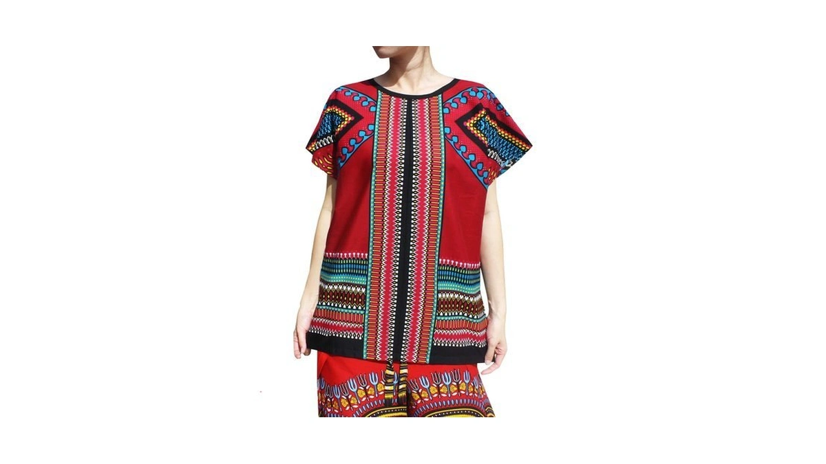 Raanpahmuang Bright Arrowhead African Dashiki Traditional Cut Front Collar Shirt,