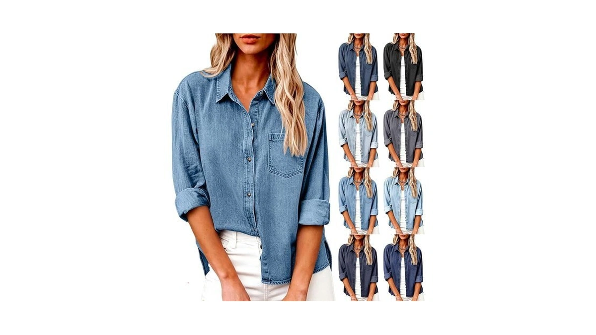 Womens Denim Button Down Shirt Long Sleeve Chambray Lapel Collar